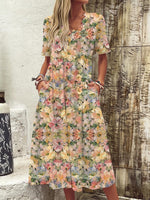 Colorful Flower Print V-Neck Short Sleeve Maxi Dress