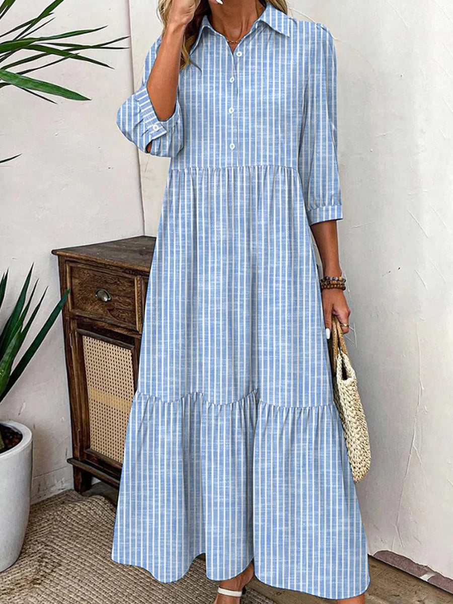 Striped Print Lapel 3/4 Sleeve Maxi Dress