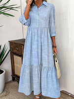 Striped Print Lapel 3/4 Sleeve Maxi Dress