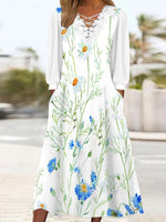 Women's Long Sleeve V-neck Floral Printed Lace Stitching Midi Dress