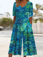 Women's V-Neck Peacock Print Wide-Leg Jumpsuit with Pockets