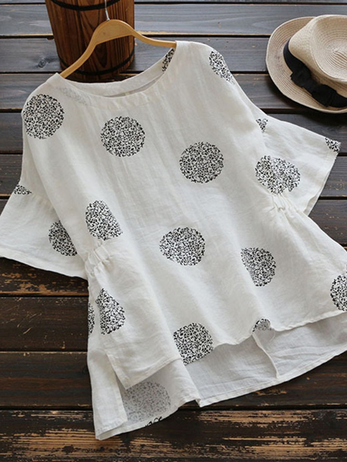 LilyWish Crew Neck Half Sleeve Casual Polka Dot Blouse