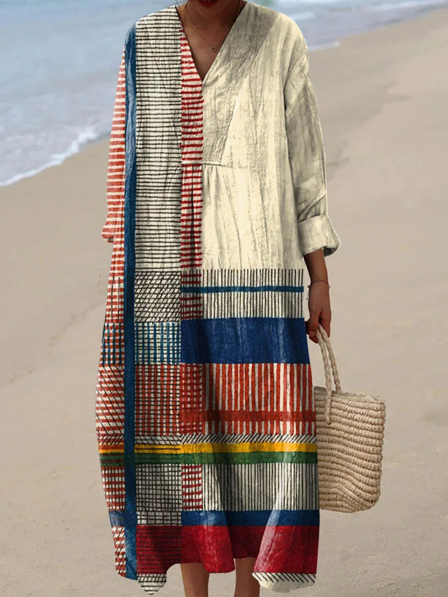 LilyWish Women‘s Vintage Patchwork Striped V-Neck Long Sleeve Maxi Dress