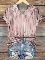 LilyWish Vintage Leaf Print V-neck Short Sleeve T-Shirt
