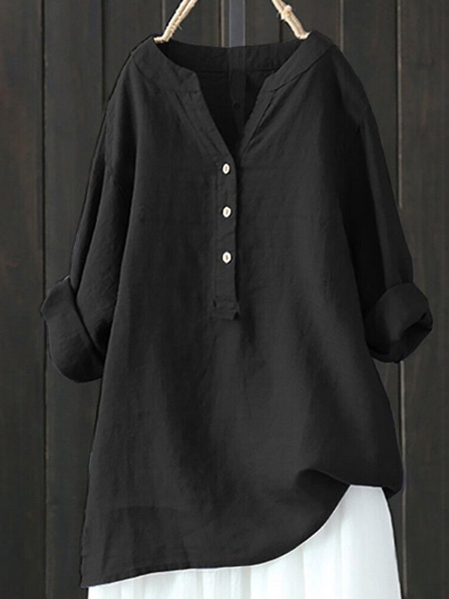 LilyWish Standing Collar Solid Color Button Up Long Sleeve Top