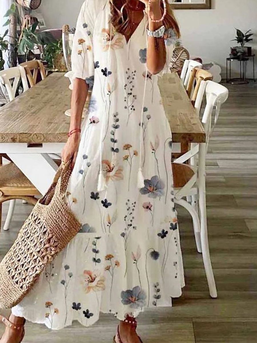 Women¡¯s Floral Print V-Neck Half Sleeve Casual Maxi Dress