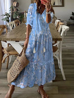 Blue Casual V Neck Floral Printed Short Sleeve Dress