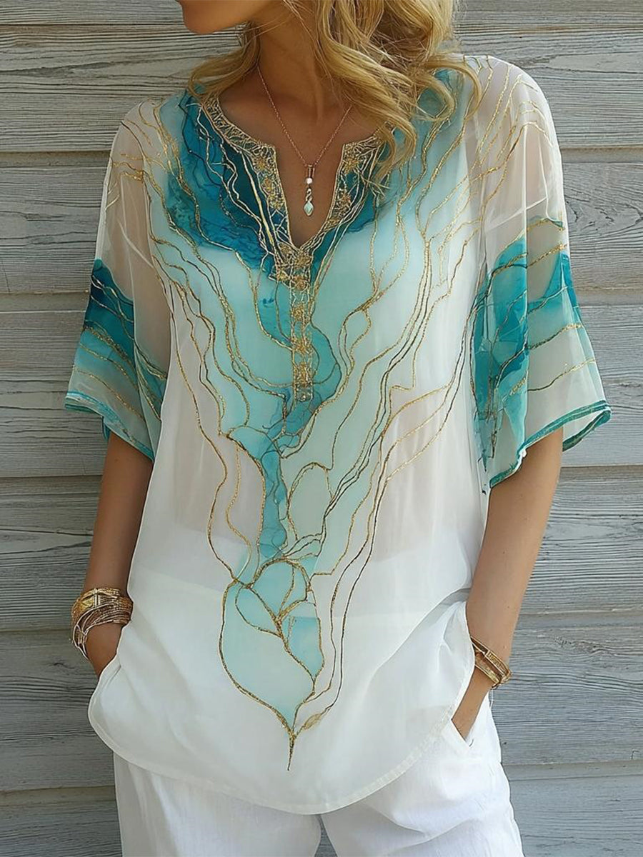 LilyWish Stunning V-Neck Blue Top