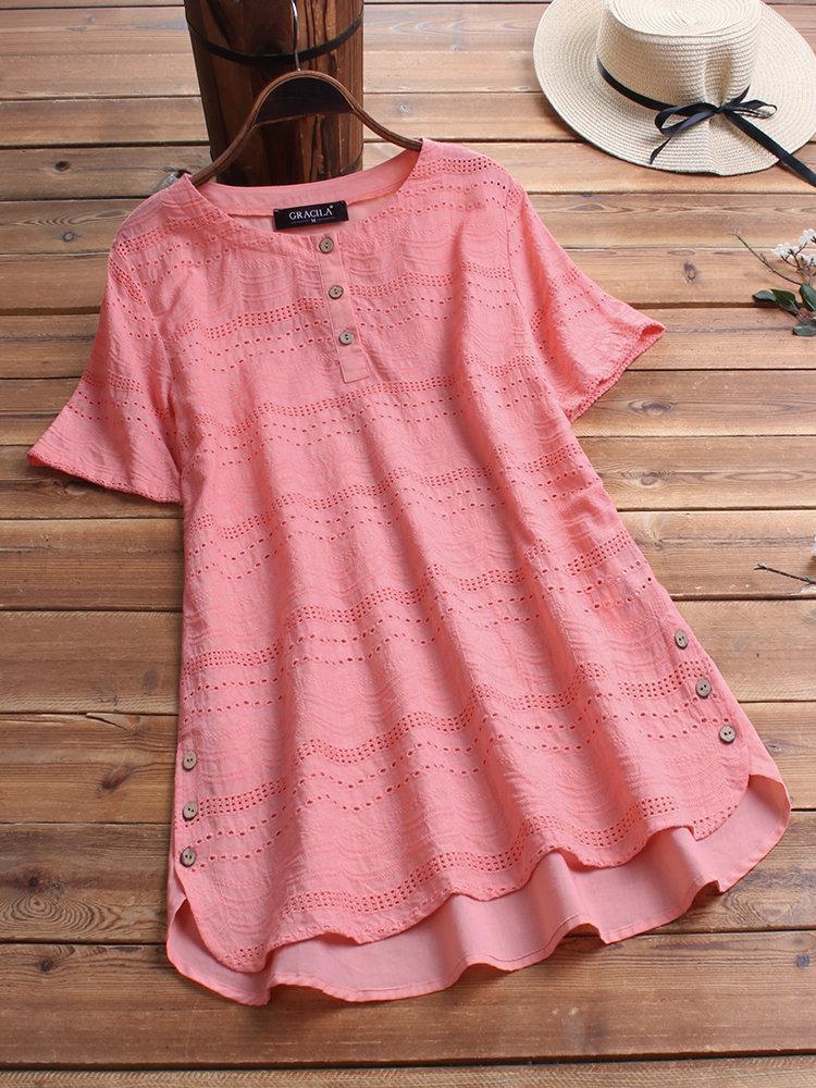 Women's Cotton Eyelet Short Sleeve Button Detail Casual Tunic Top