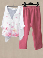 Pink Casual V Neck Floral Printed Daily Two Piece Suit