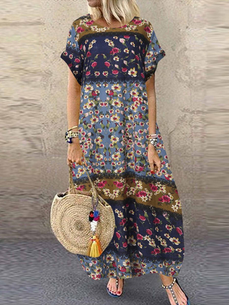 Casual Round Neck Short Sleeve Loose Floral Maxi Dress