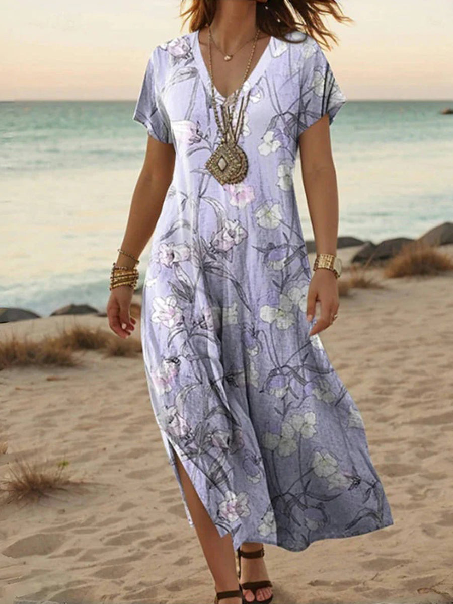 LilyWish Vintage Floral Print V-neck Short Sleeve Dress