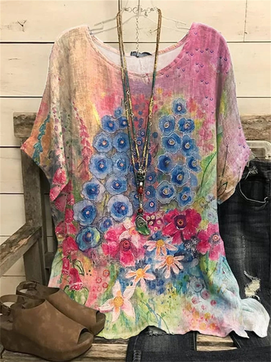 Women's Round Neck Short Sleeve Floral Art Print T-Shirt
