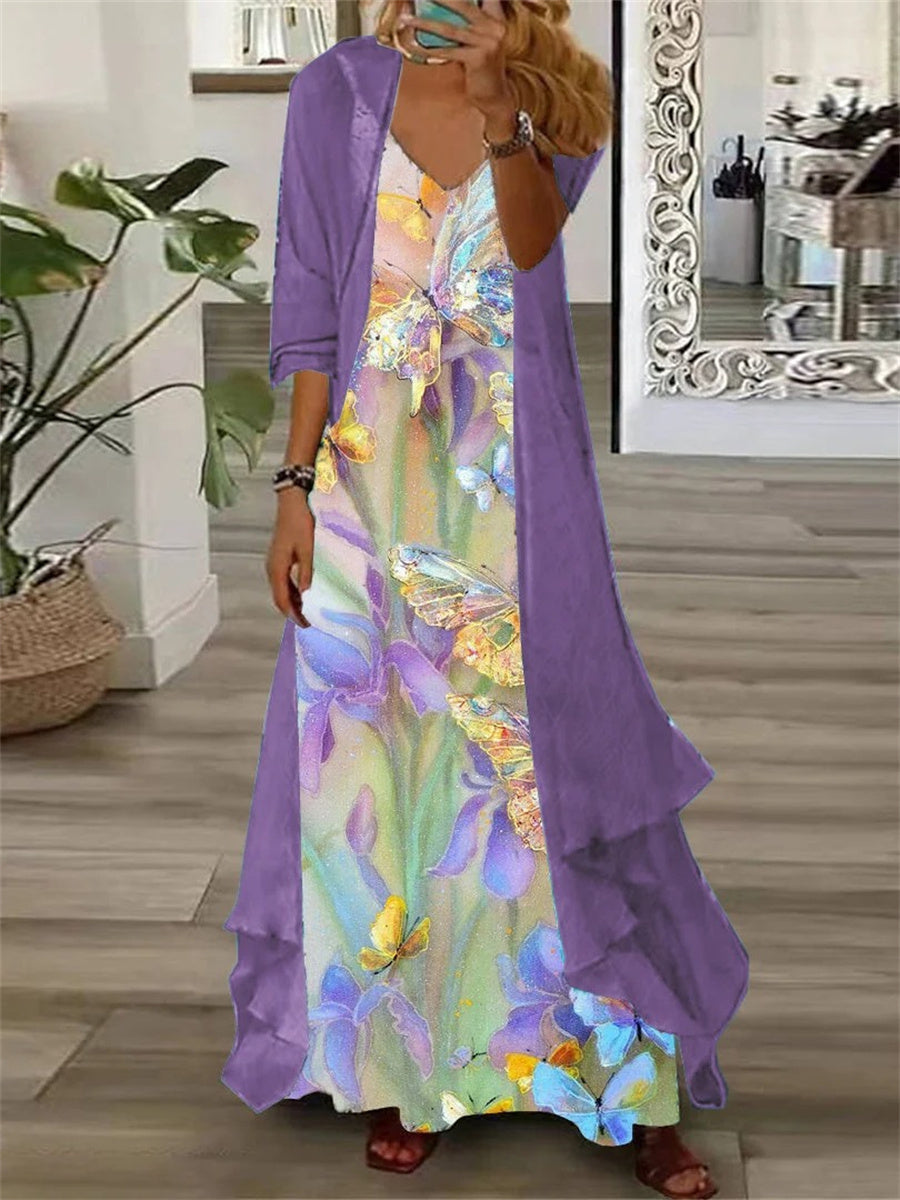 Purple Floral Long Sleeve V-Neck Two Pieces Maxi Dress
