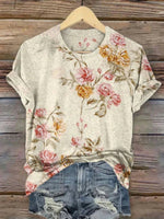 LilyWish Vintage Floral Print Round Neck Short Sleeve T-Shirt
