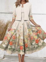 Modern Floral Print Midi Dress With Jacket