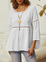 LilyWish Plain Crew Neck 3/4 Sleeve White Comfy Blouse