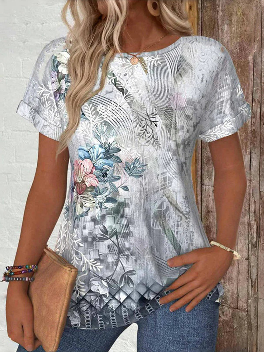 LilyWish Vintage Floral Print Round Neck Short Sleeve T-Shirt