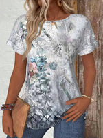 LilyWish Vintage Floral Print Round Neck Short Sleeve T-Shirt
