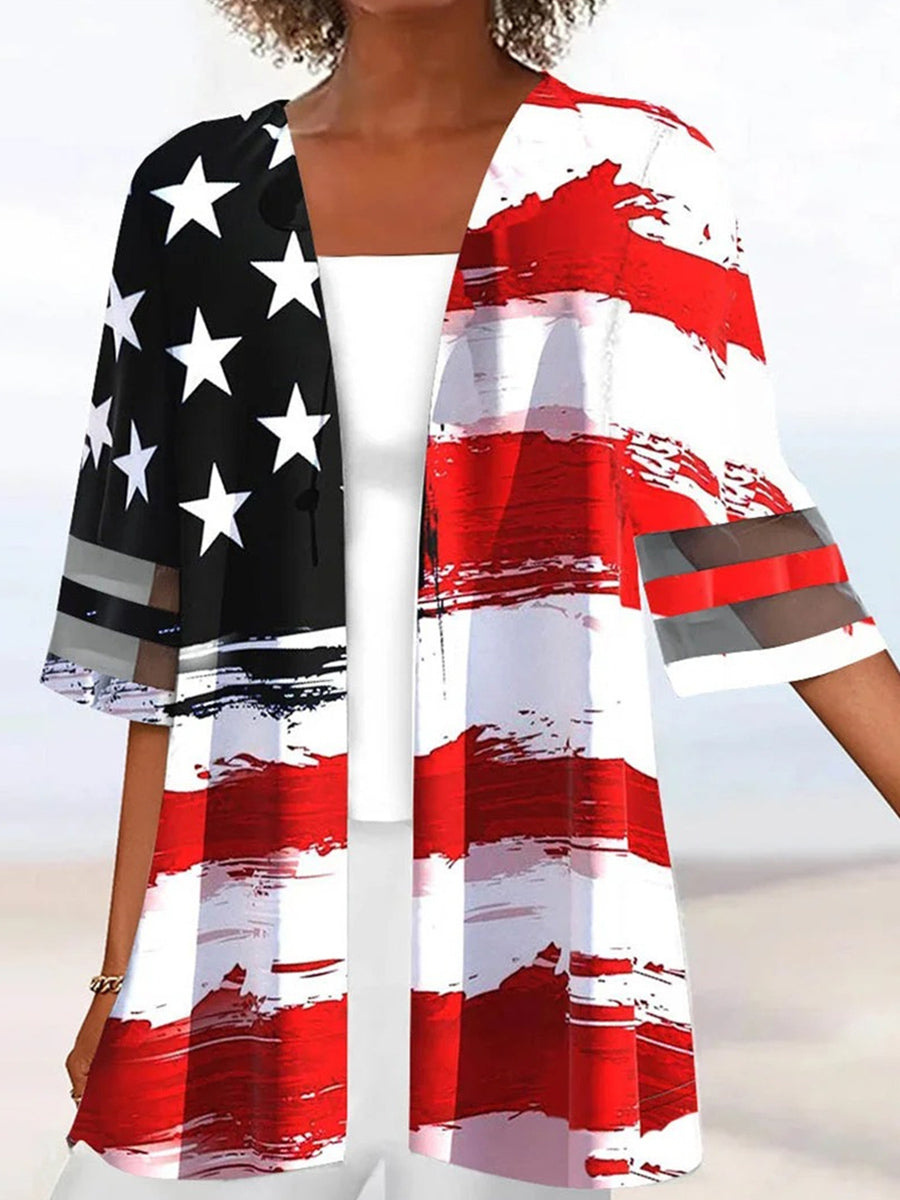 LilyWish Red Striped Graphic Printed Half Sleeve Cardigan Two-Pieced Tops