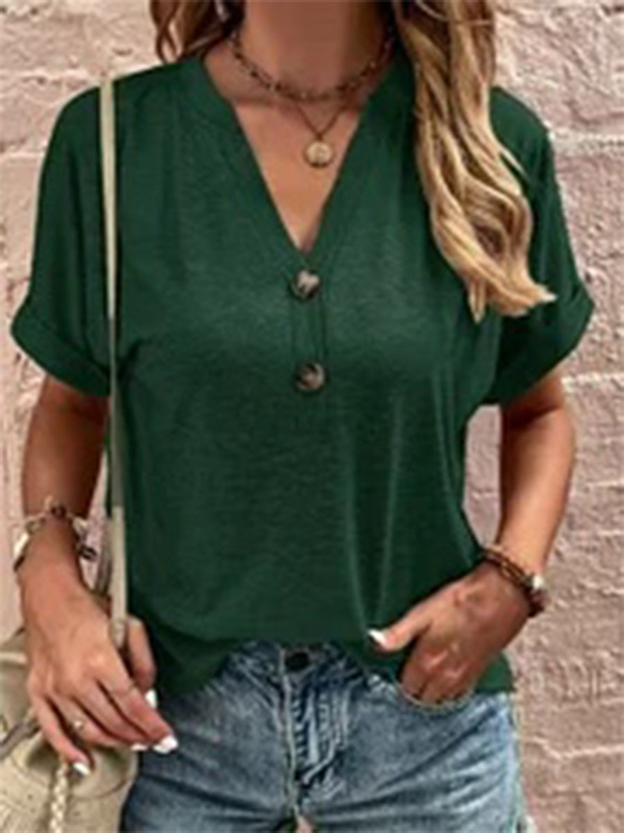 Women’s V-Neck Button Front Short Sleeve Casual Loose Top