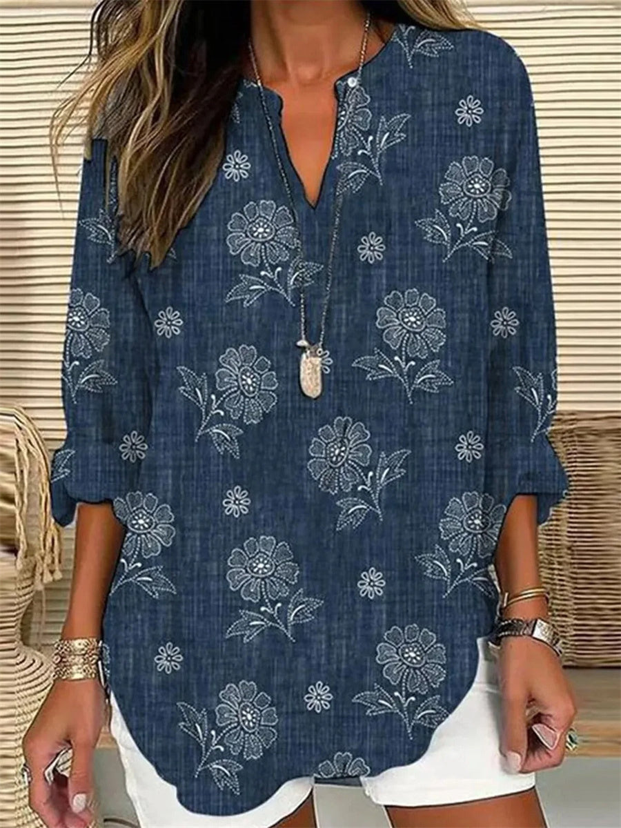 LilyWish Vintage Floral V Neck Long Sleeve Loose Blouse
