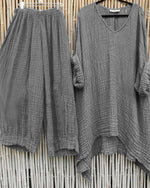 Women Gray Solid Color Loose V Neck Two Piece Set