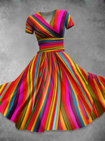 Women's Rainbow Striped Short Sleeve V-Neck Casual Midi Dress