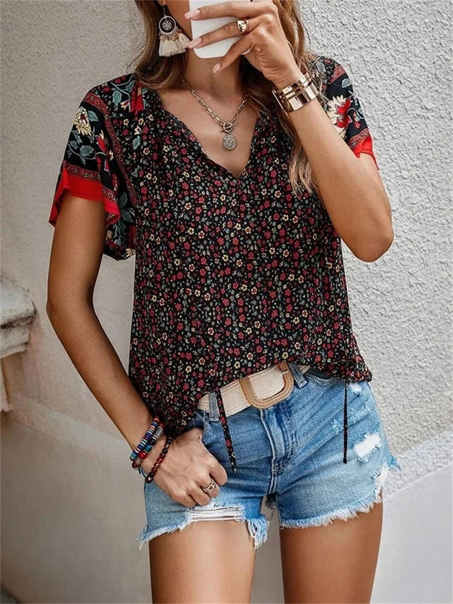 Women's Resort Style Bohemian Print V-Neck Short Sleeve Shirt