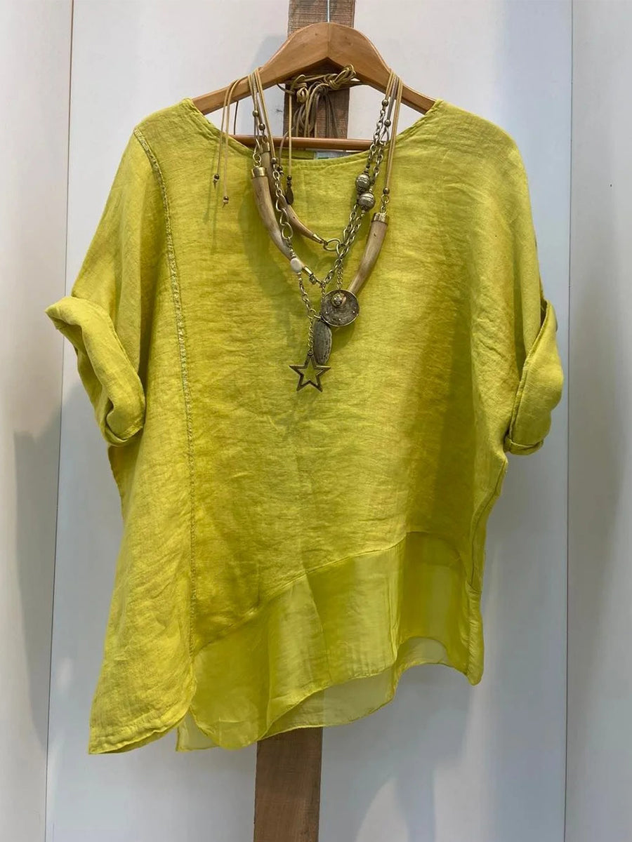 LilyWish Yellow Irregular Loose Round Neck Blouse