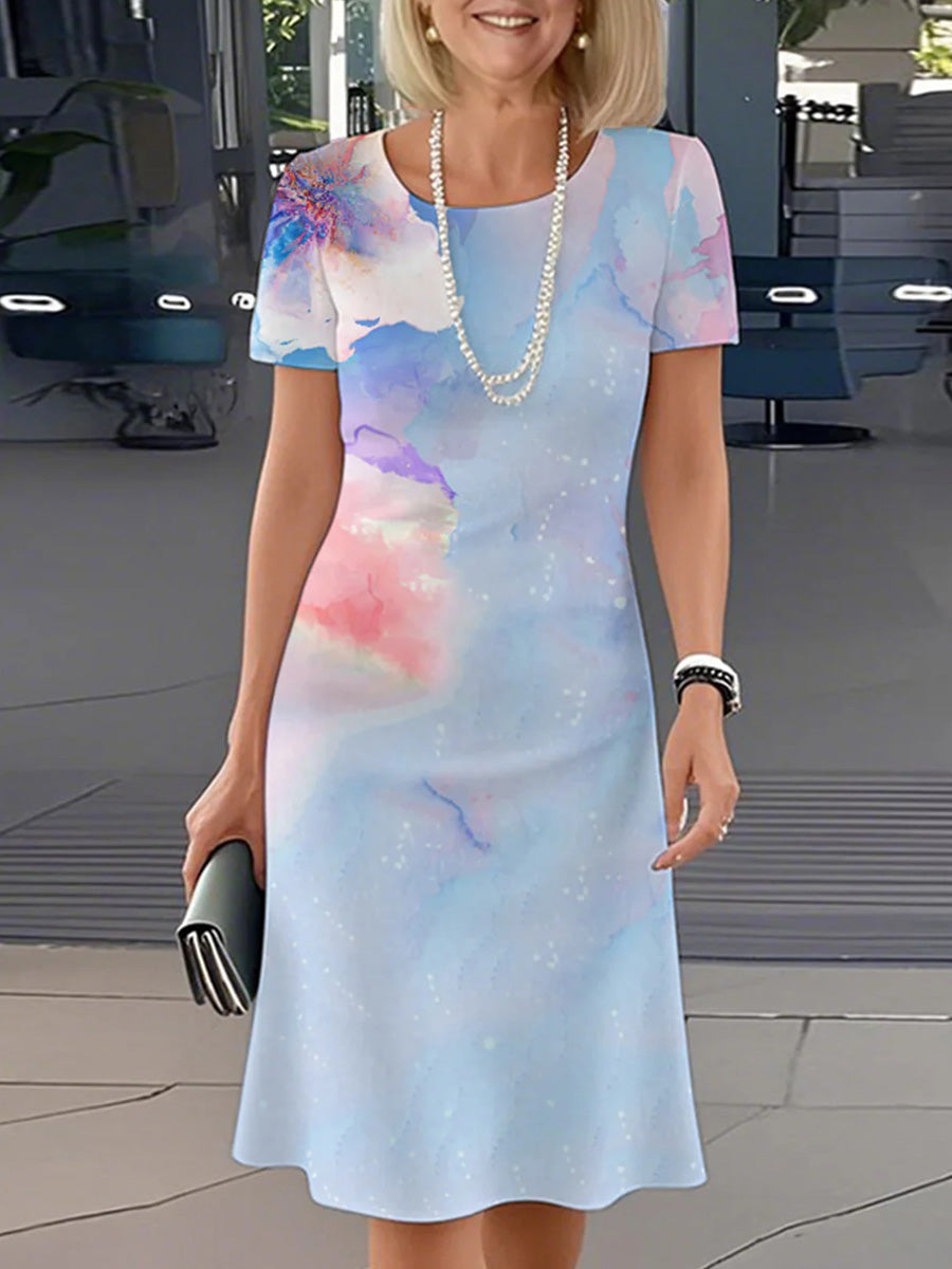 Stunning Blue Round Neck Short Sleeve Mini Dress