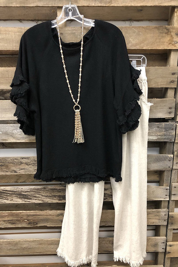 Black Solid Ruffled Round Neck Blouse