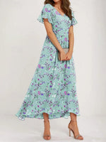 Floral Print V-neck Short Sleeve Green Maxi Dress
