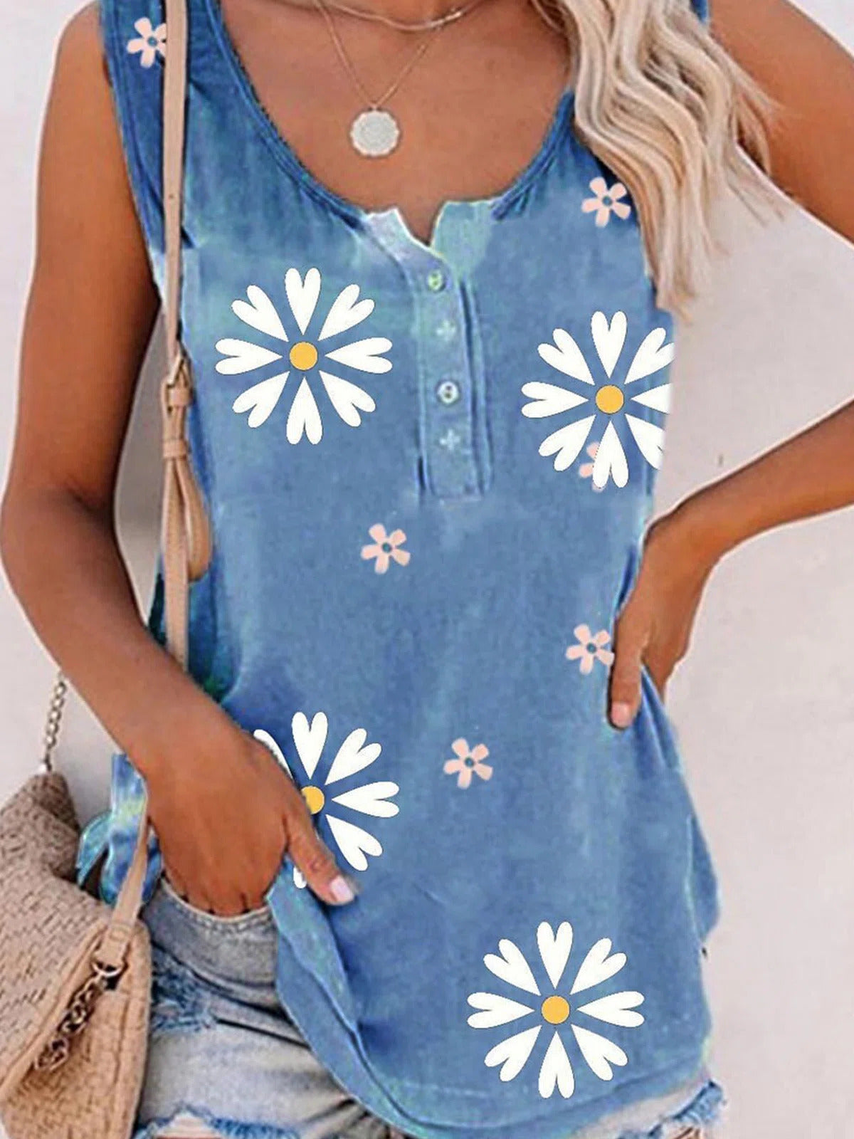 Blue Casual Graphic Tops Round Neck Floral Printed Sleeveless Tank