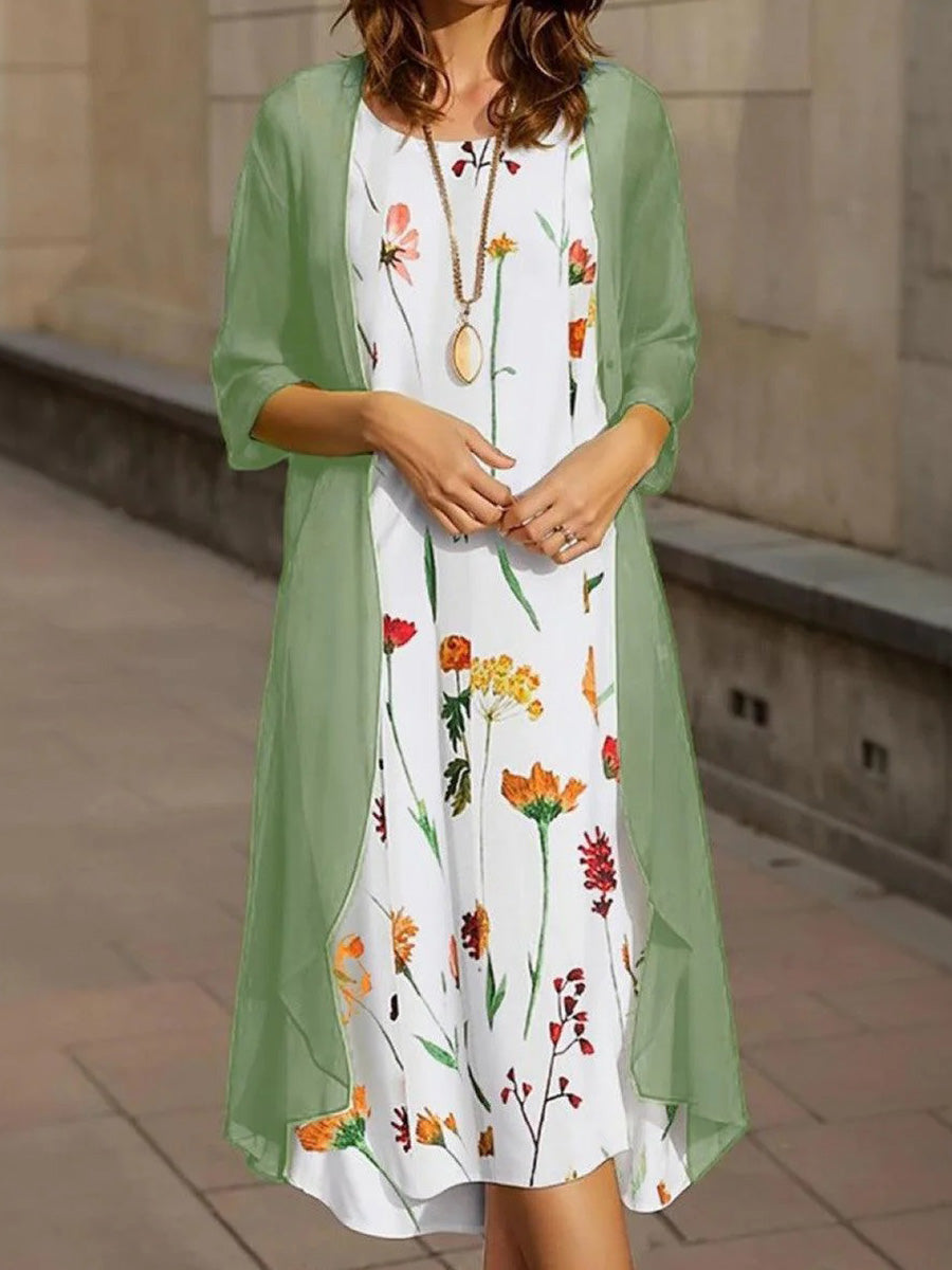 Romantic Floral Print Round Neck Midi Dress