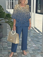 Blue Round Neck 3/4 Sleeve Two Piece Set