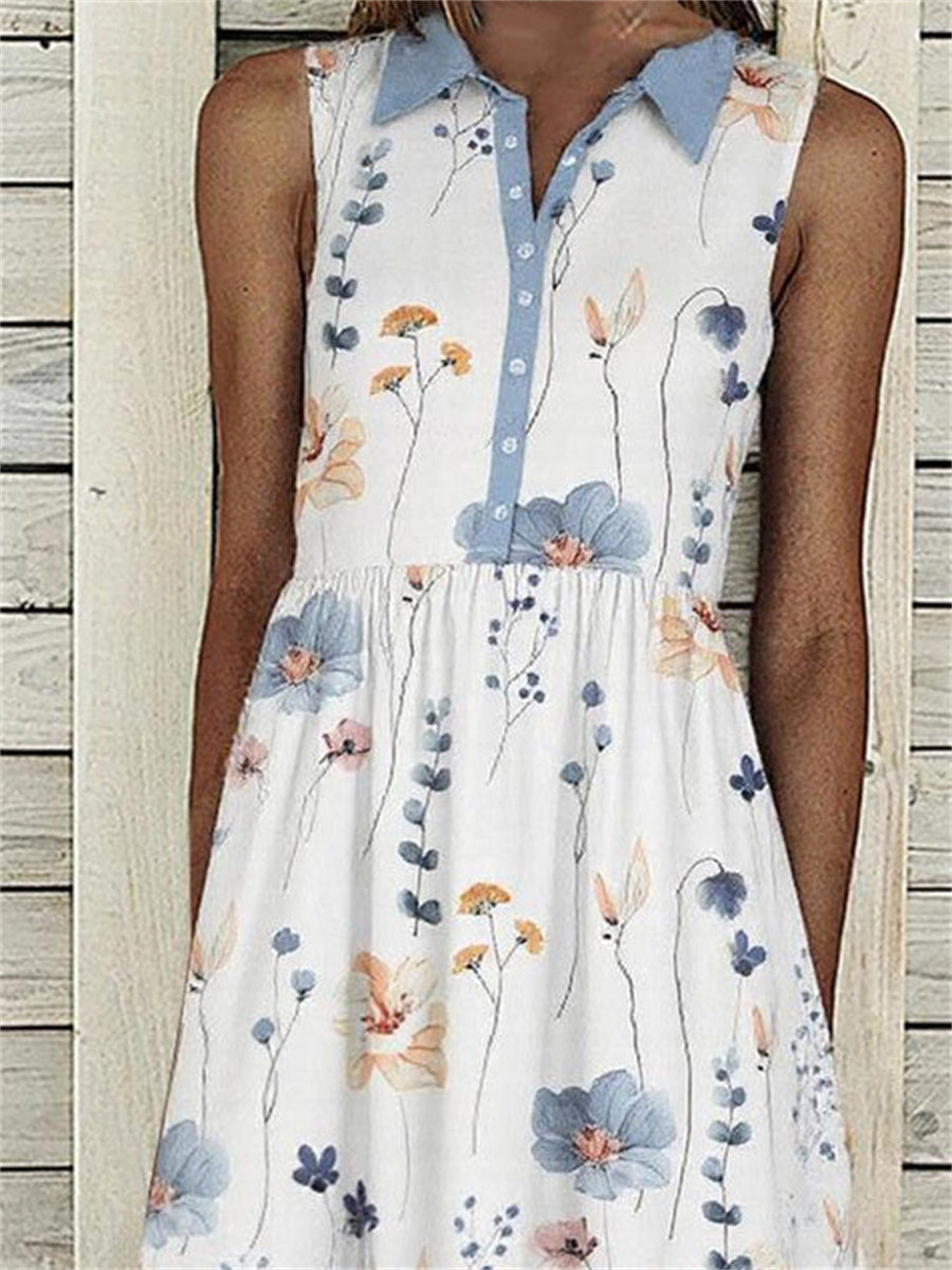 Women Sleeveless Lapel Floral Printed Graphic Button Pockets Maxi Dress