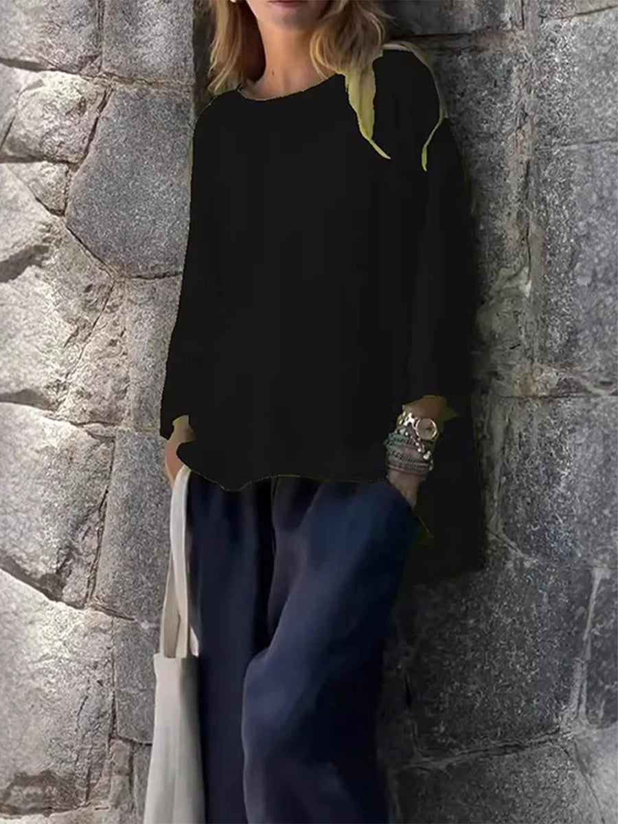 Women’s Solid Cotton Loose Fit Long Sleeve Sleeve Casual Top