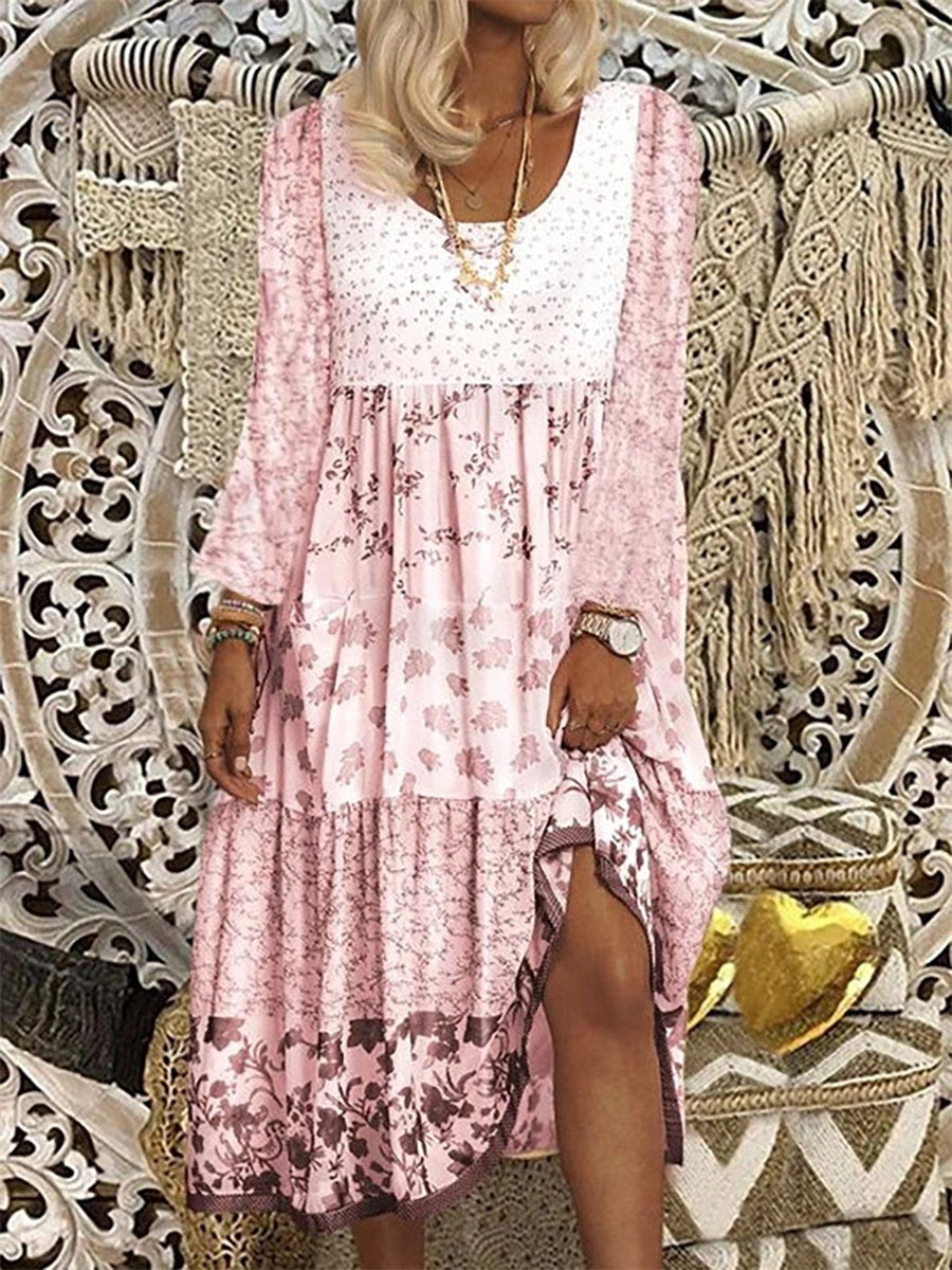 LilyWish Women's Vintage Floral Patchwork Long Sleeve Boho Midi Dress