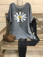 LilyWish Short Sleeve Crew Neck Shift Sunflower Print Casual Blouse