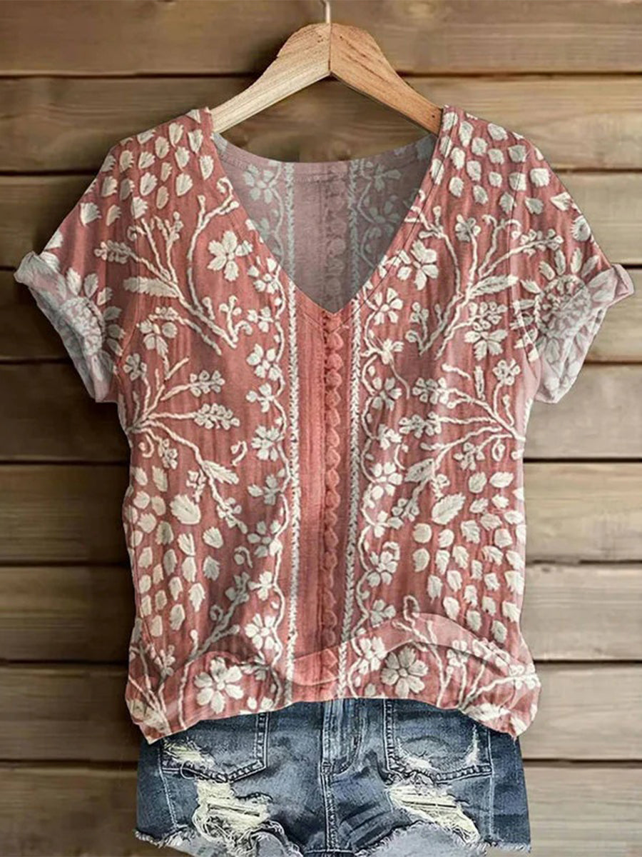 LilyWish Vintage Floral Print V-neck Short Sleeve T-Shirt