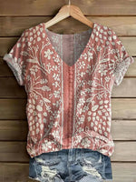 LilyWish Vintage Floral Print V-neck Short Sleeve T-Shirt