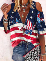 LilyWish Independence Day America Flag V Neck Casual Blouse