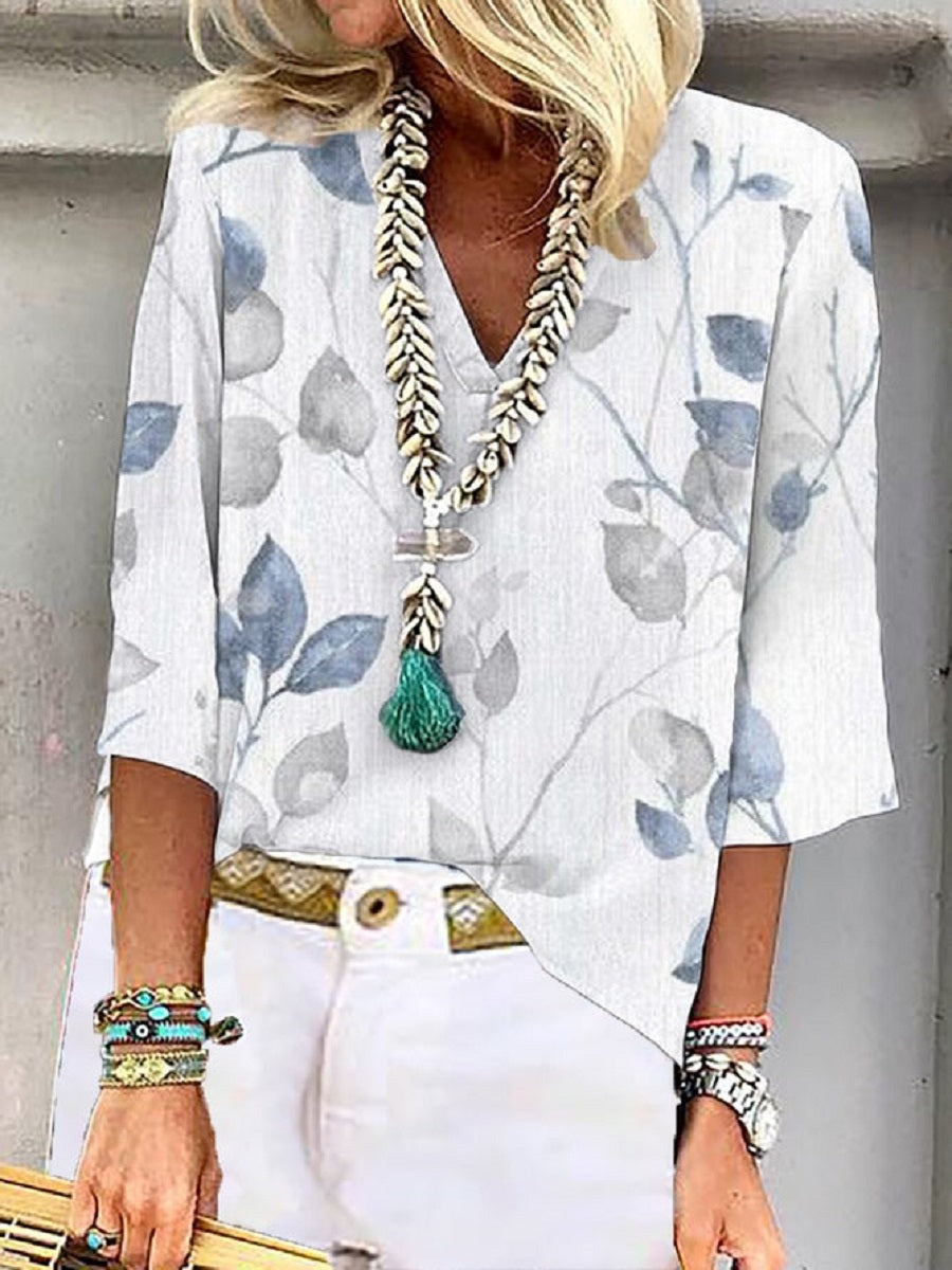 LilyWish White Casual V Neck Printed 3/4 Sleeve Blouse