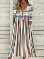 Khaki Casual V Neck Stripe Half Sleeve Dresses