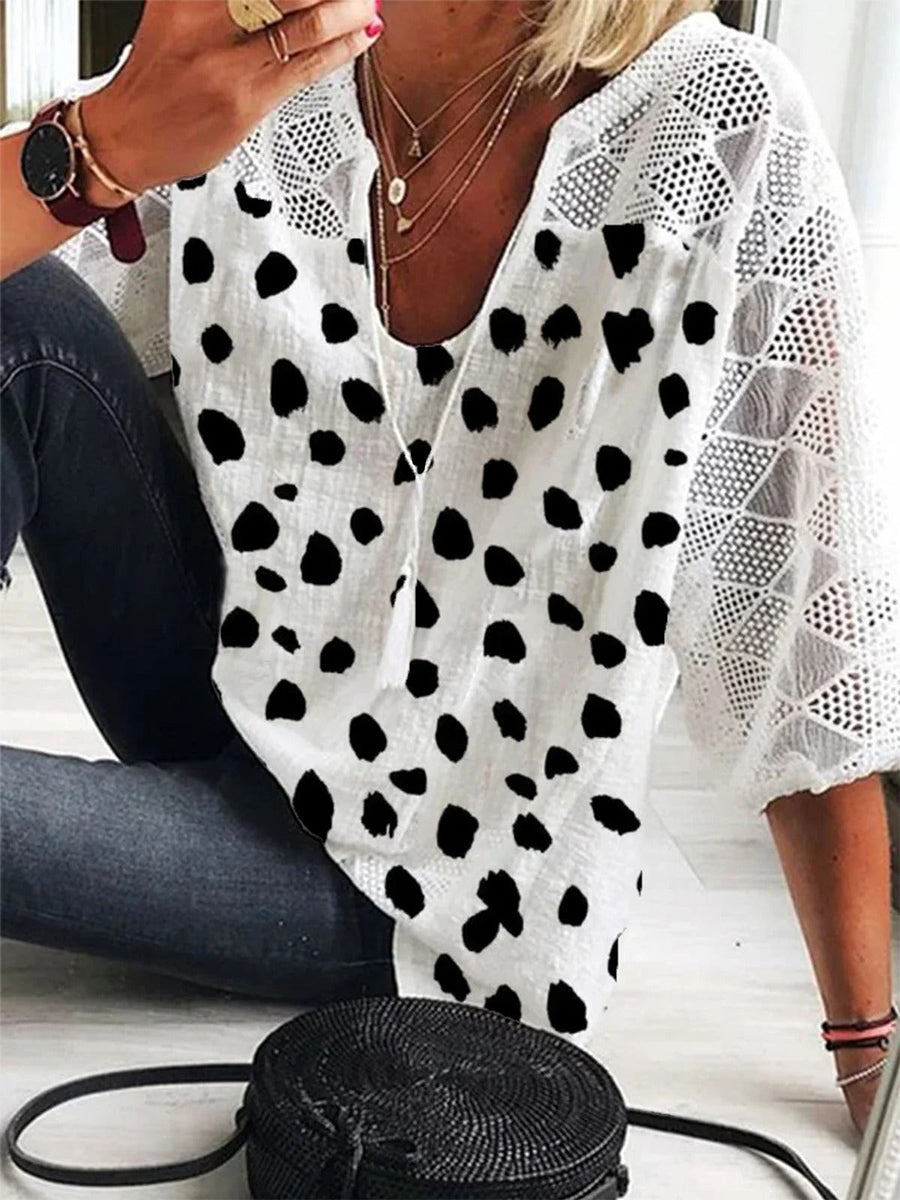 LilyWish Casual Polka Dots V Neck 3/4 Sleeve Blouse