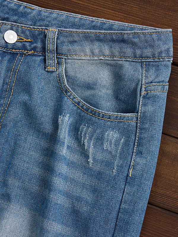 Stylish Distressed Ripped Jeans with Frayed Hem