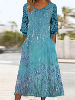 Women's 3/4 Sleeve Round Neck Graphic Printed Lace Stitching Midi Dress