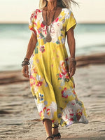 Yellow Short Sleeve V-Neck Midi Dress