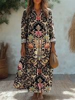 Ethnic Print V-neck Long Sleeve Dress